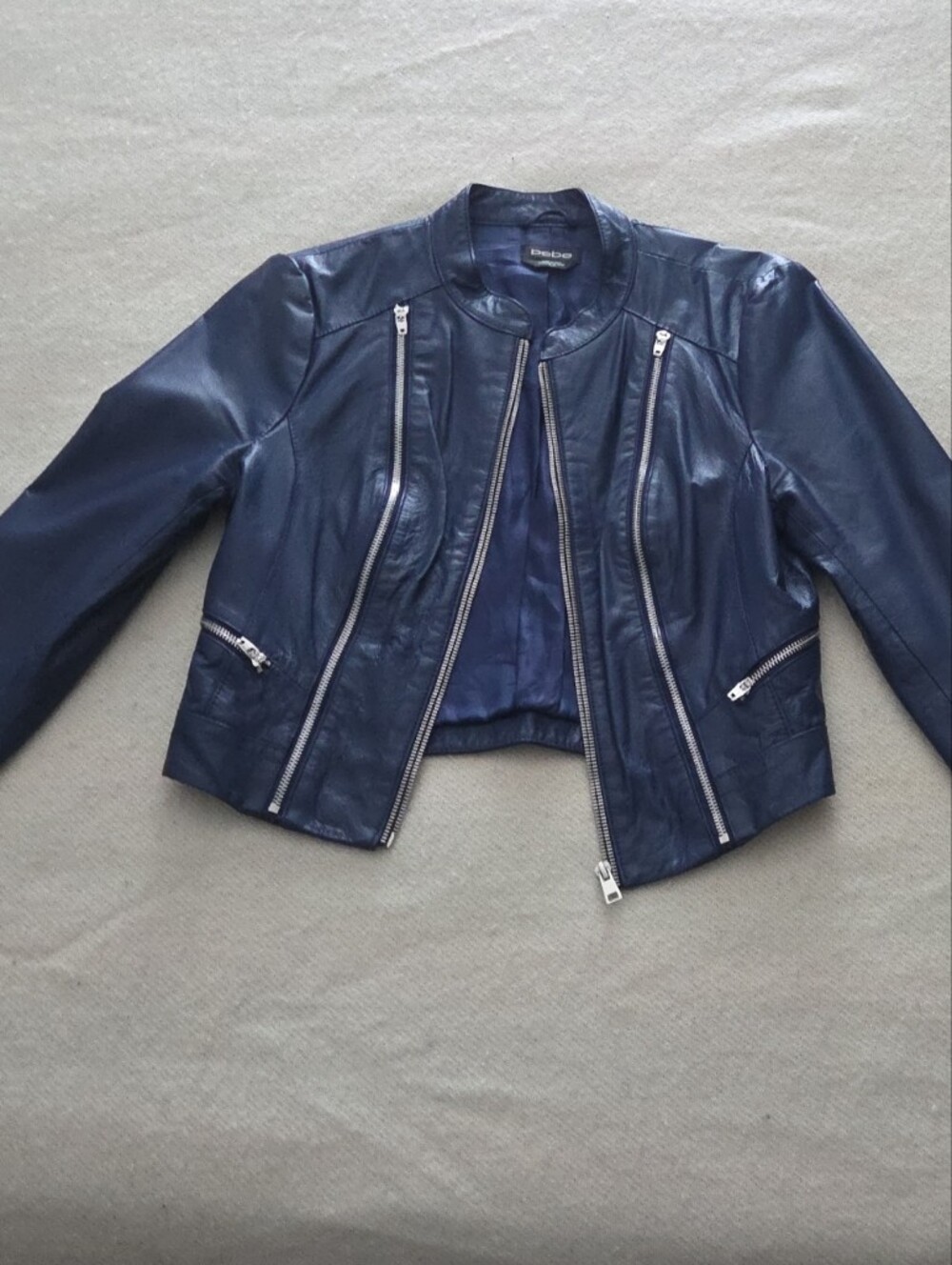 bebe Navy Blue Leather Moto Jacket